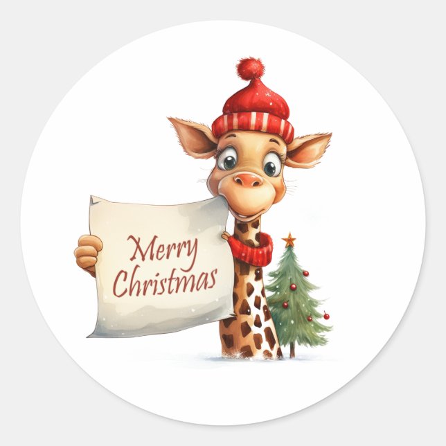 Giraffe Merry Christmas Classic Round Sticker (Front)