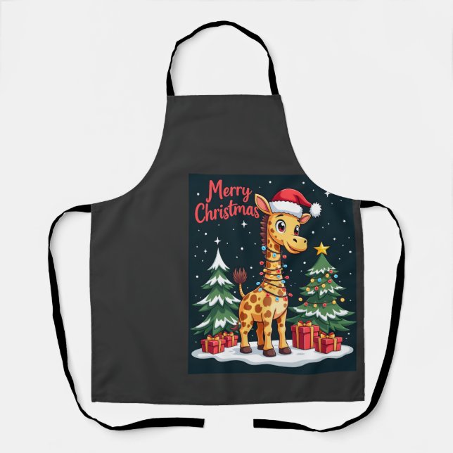 Giraffe Merry Christmas Tree Lighting Santa Giraff Apron (Front)