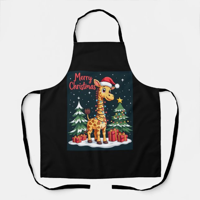 Giraffe Merry Christmas Tree Lighting Santa Giraff Apron (Front)