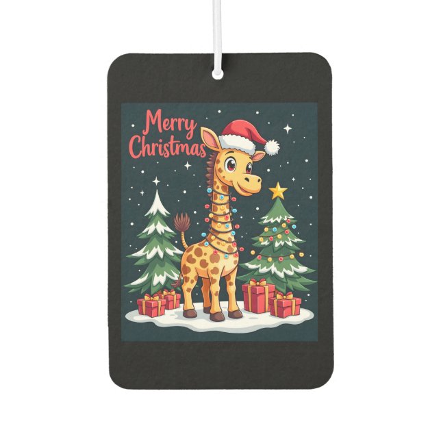 Giraffe Merry Christmas Tree Lighting Santa Giraff Car Air Freshener (Front)