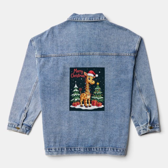 Giraffe Merry Christmas Tree Lighting Santa Giraff Denim Jacket (Back)