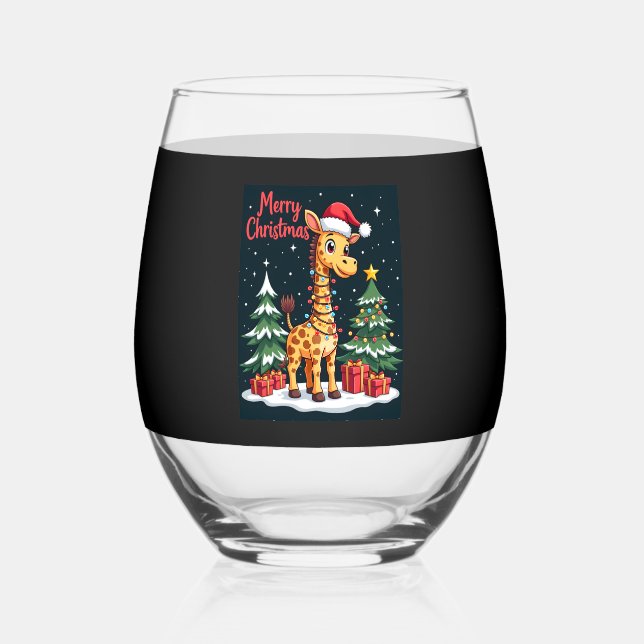 Giraffe Merry Christmas Tree Lighting Santa Giraff Stemless Wine Glass (Front)