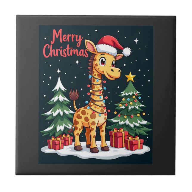 Giraffe Merry Christmas Tree Lighting Santa Giraff Tile (Front)