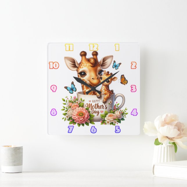 Giraffe Mum: Calf, Flowers, Mother's Day Square Wall Clock (Home)