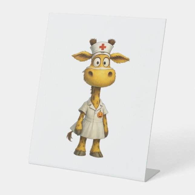 Giraffe Nurse Cartoon – Whimsical Healthcare Hero  Pedestal Sign (Front)