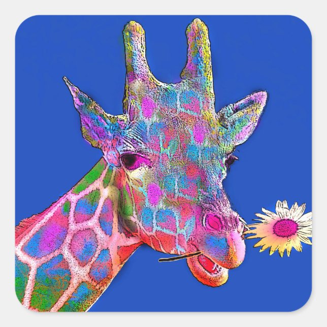 Giraffe of Many Colours with Flower Square Sticker (Front)