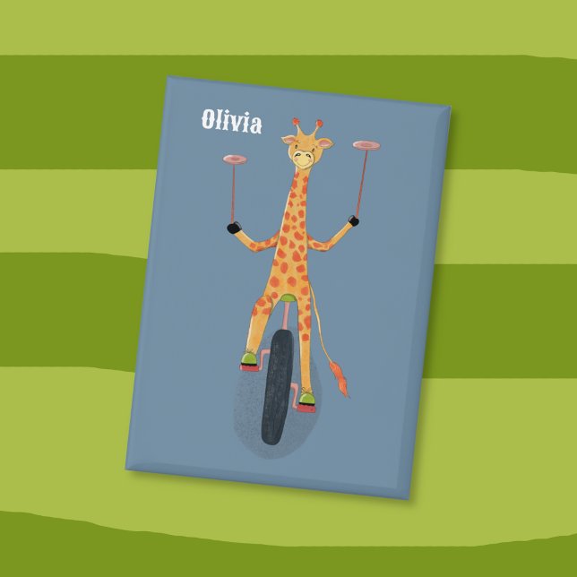 Giraffe on a Unicycle Blue Button (Giraffe acrobat on a unicycle and spinning plates on stick kid  blue pin button . )