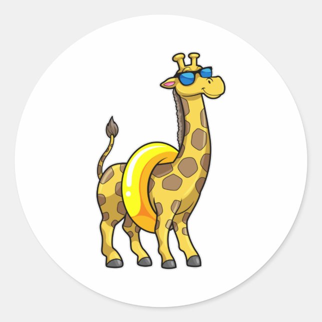 Giraffe on Beach with Swim ring & Sunglasses Classic Round Sticker (Front)