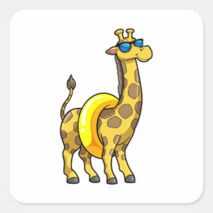 Giraffe on Beach with Swim ring & Sunglasses Square Sticker