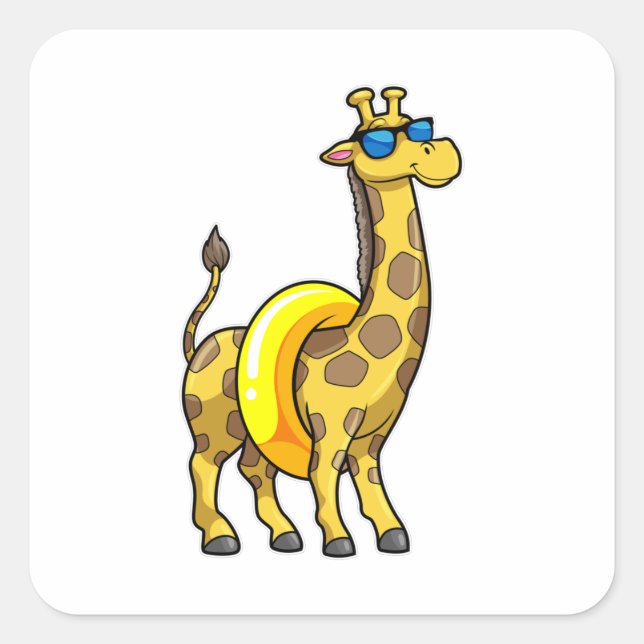Giraffe on Beach with Swim ring & Sunglasses Square Sticker (Front)