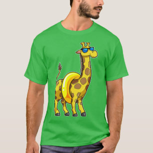 Giraffe on Beach with Swim ring Sunglasses T-Shirt
