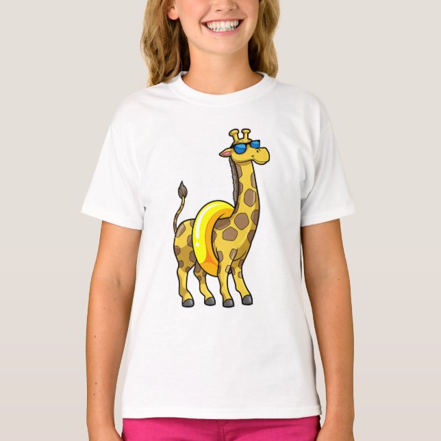 Giraffe on Beach with Swim ring & Sunglasses T-Shirt (Front)