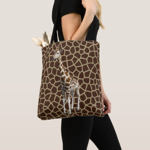 Giraffe on giraffe print tote bag