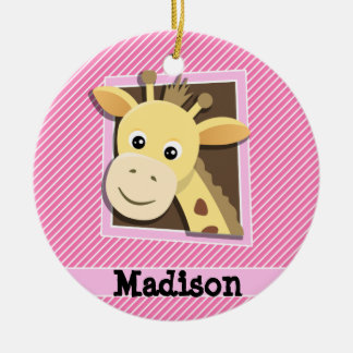 Giraffe on Pink & White Stripes Ceramic Tree Decoration