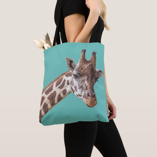 Giraffe on Teal Green Tote Bag (Close Up)