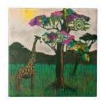 Giraffe on the Planes of Africa Tile<br><div class="desc">Planes of Africa II by Alonzo Saunders. The beauty of widlife is captured in this art with the sun slowly setting as a giraffe eats leaves from a colourful tree on the African planes. | 132935GG</div>