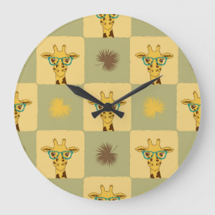 Giraffe Palm: Tropical Checked Print Large Clock