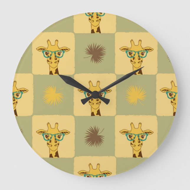 Giraffe Palm: Tropical Checked Print Large Clock (Front)