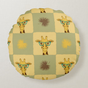 Giraffe Palm: Tropical Checked Print Round Cushion