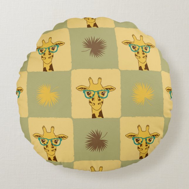 Giraffe Palm: Tropical Checked Print Round Cushion (Front)