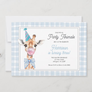 Giraffe Party Animal Birthday Invitation – Blue