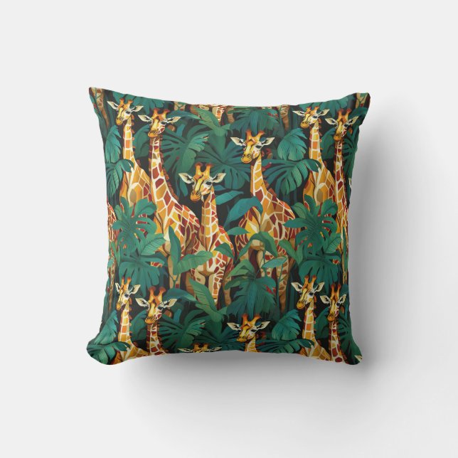 Giraffe Pattern in a Green Leafy Jungle Cushion (Front)