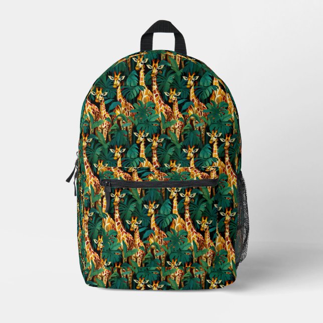 Giraffe Pattern in a Green Leafy Jungle Printed Backpack (Front)