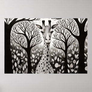 Giraffe Peaceful Nature Prairie Sketch Drawing Art Poster