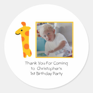 Giraffe Photo Orange and Yellow 1st Birthday Classic Round Sticker