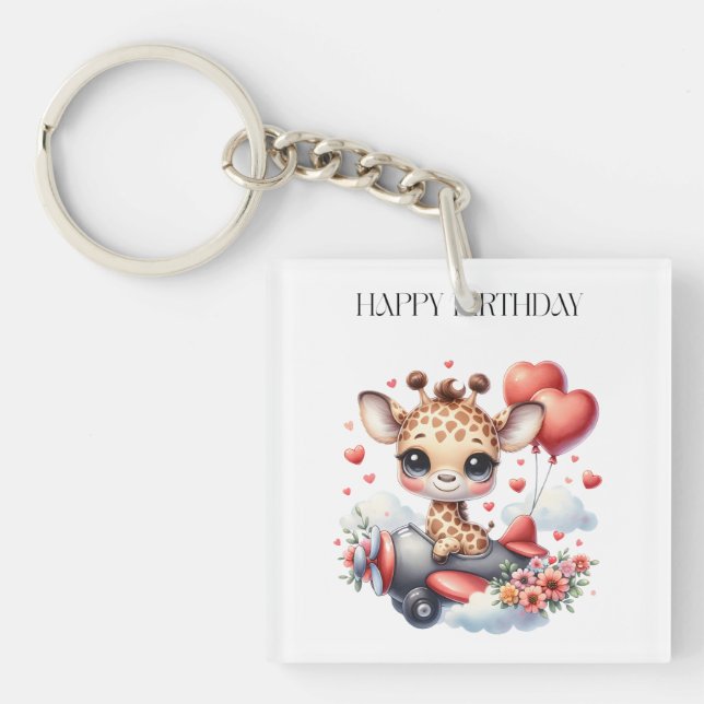 Giraffe Pilot Birthday Key Ring (Front)