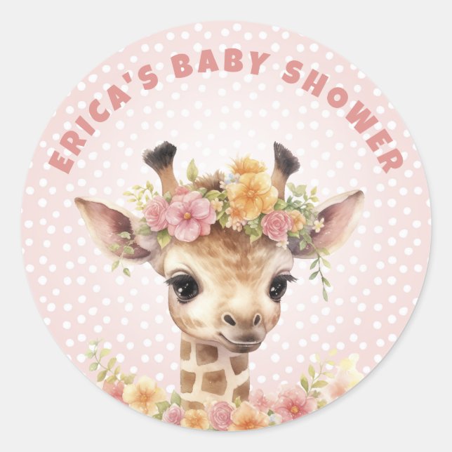 Giraffe Pink Baby Girl Shower Sprinkle Wild Jungle Classic Round Sticker (Front)