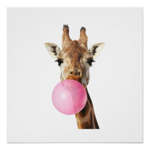 Giraffe Pink Bubble Gum Cute Funny Animal Lover Poster