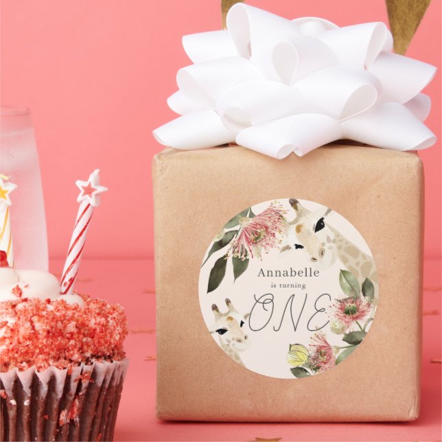 Giraffe Pink Floral Girl 1st Birthday Classic Round Sticker (Party)