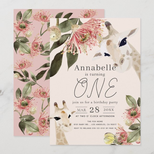 Giraffe Pink Floral Girl 1st Birthday Invitation (Front/Back)