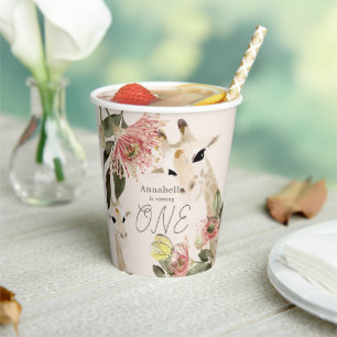 Giraffe Pink Floral Girl 1st Birthday Paper Cups