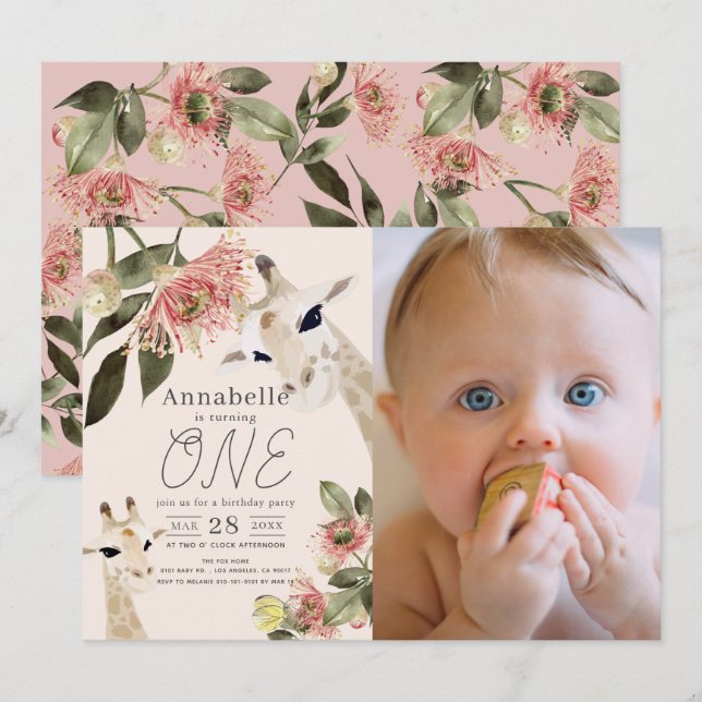 Giraffe Pink Floral Girl 1st Birthday Photo Invitation (Front/Back)