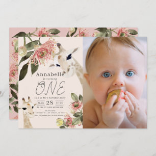 Giraffe Pink Floral Girl 1st Birthday Photo Invitation