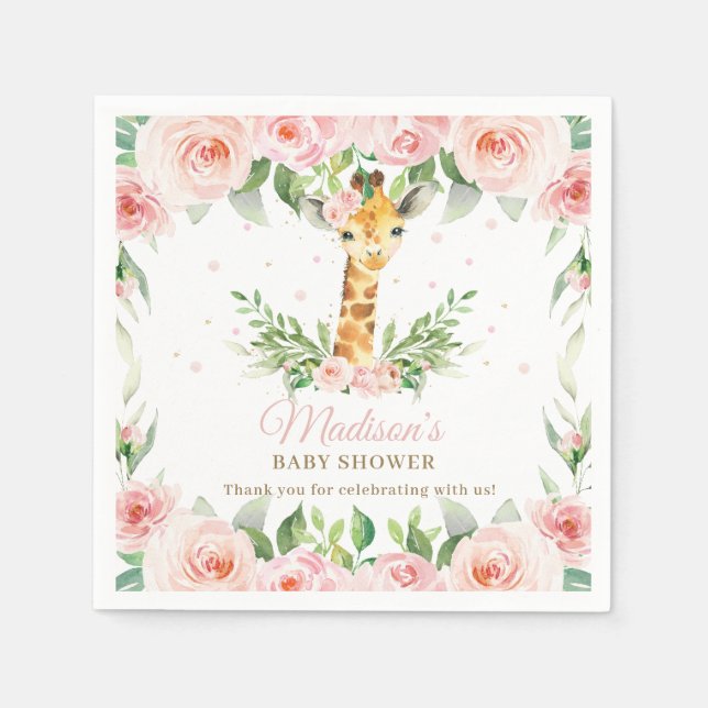 Giraffe Pink Floral Girl Baby Shower Birthday  Napkin (Front)