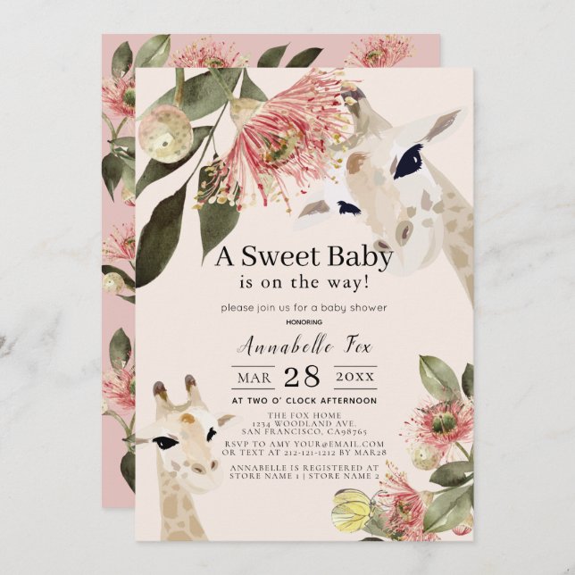 Giraffe Pink Floral Girl Baby Shower Invitation (Front/Back)