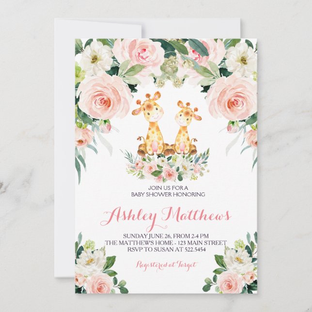 giraffe pink flower baby shower invitation (Front)