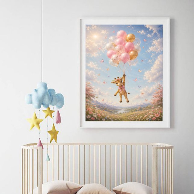 Giraffe pink flowers floating balloons  poster (Creator Uploaded)