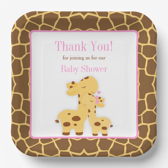 Giraffe Pink Girl Baby Shower Paper Plate (Front)