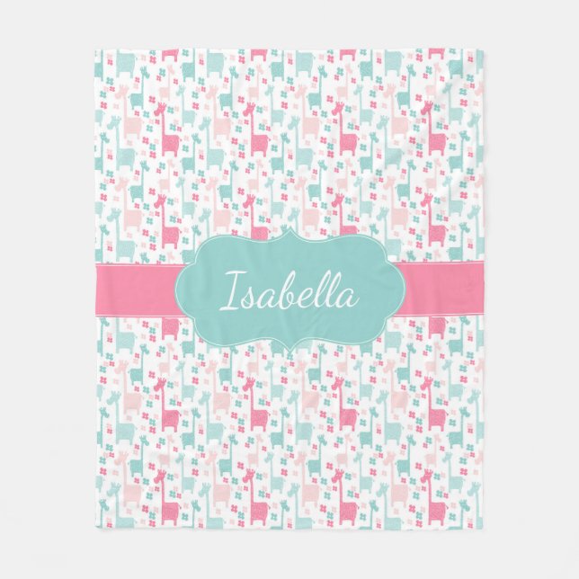 Giraffe Pink Mint Aqua Teal Fleece Blanket (Front)