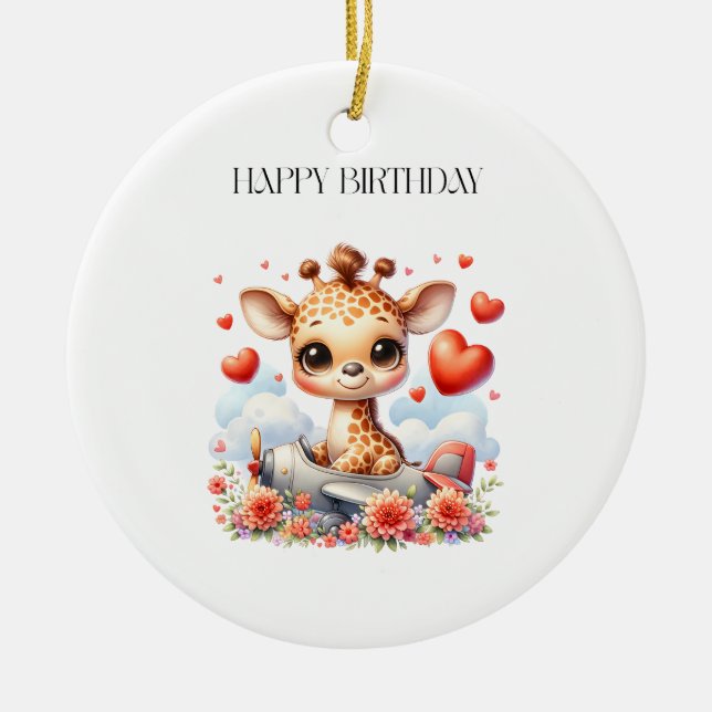 Giraffe Plane Birthday Ceramic Tree Decoration (Front)