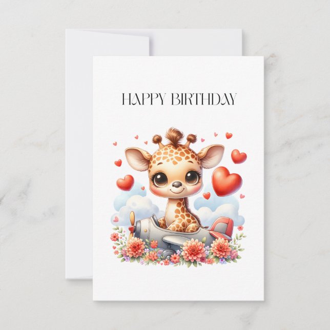Giraffe Plane Birthday Thank You Card (Front)