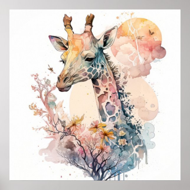 Giraffe Portrait Animal Painting Wildlife Outdoors Poster (Front)