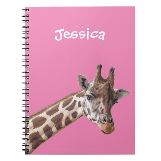 Giraffe Portrait on Pink Girly Name Spiral Notebook (Front)