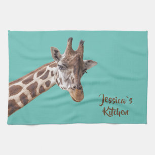 Giraffe Portrait on Teal Personalised Name Tea Towel
