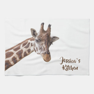 Giraffe Portrait on White Personalised Name  Tea Towel