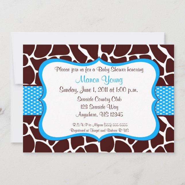 Giraffe Print Blue Baby Shower Invitation (Front)